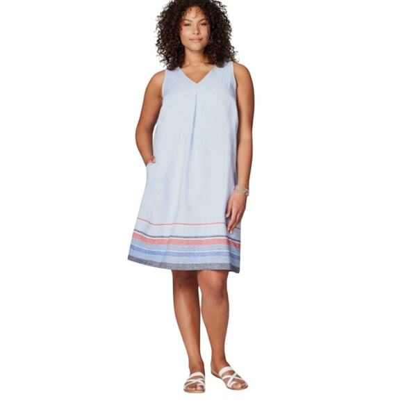 J. Jill Love Linen A-Line Dress Size L Powder Blue Coastal V-Neck Striped Hem - Picture 1 of 10